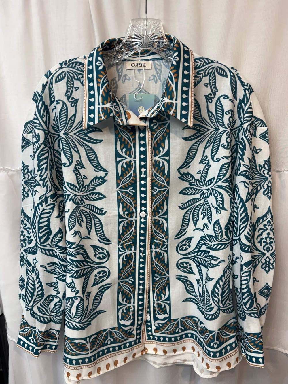Cupshe Women’s Teal & White Botanical long shirt or beach cover up🌻